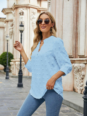 Swiss Dot Notched Neck Blouse - StyleLure