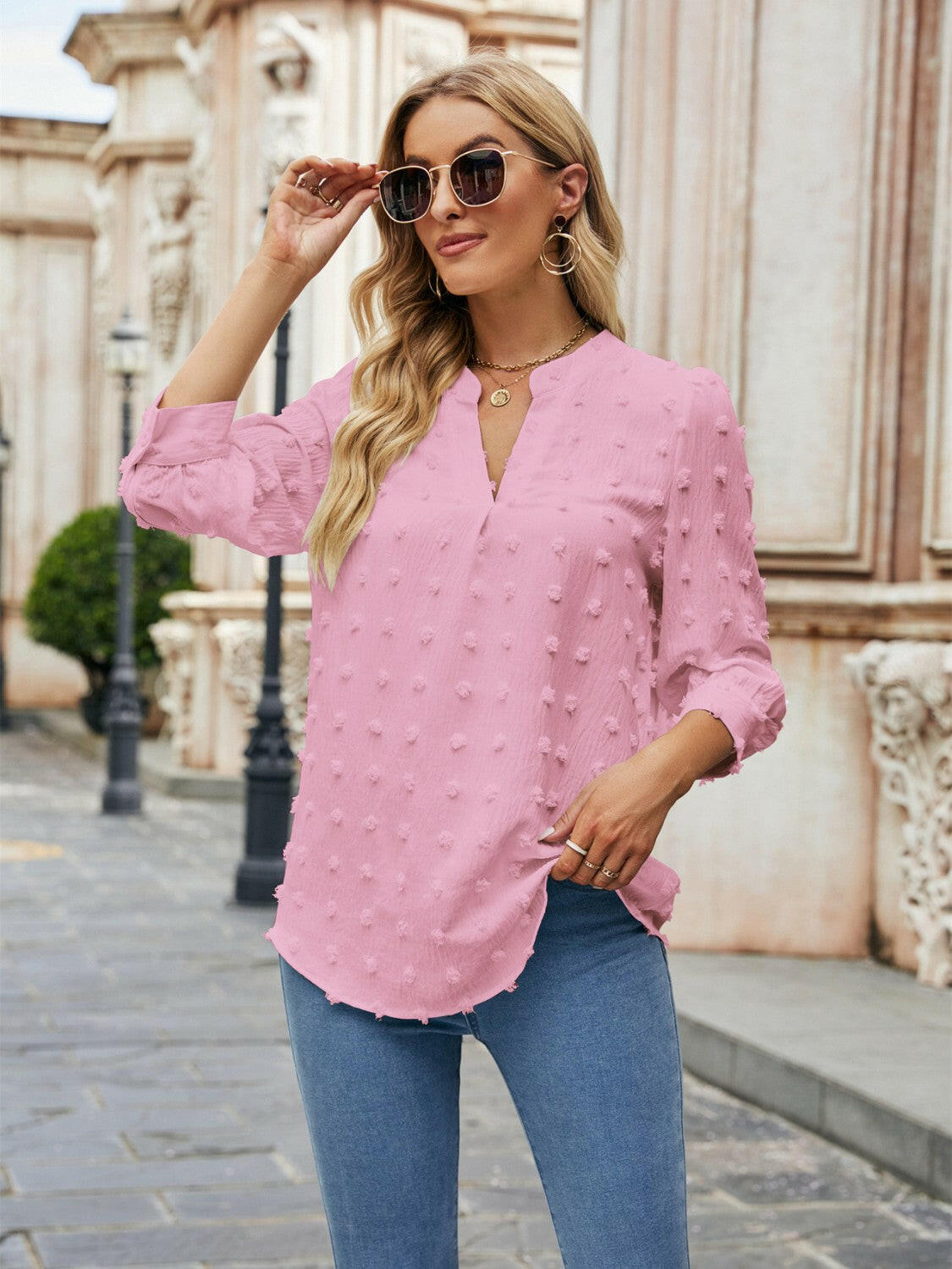 Swiss Dot Notched Neck Blouse - StyleLure