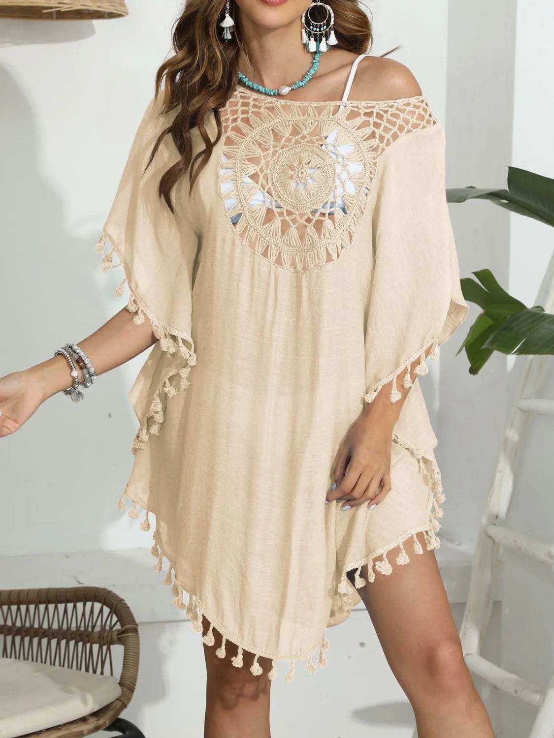 Tassel Crochet Round Neck Cover - Up - StyleLure