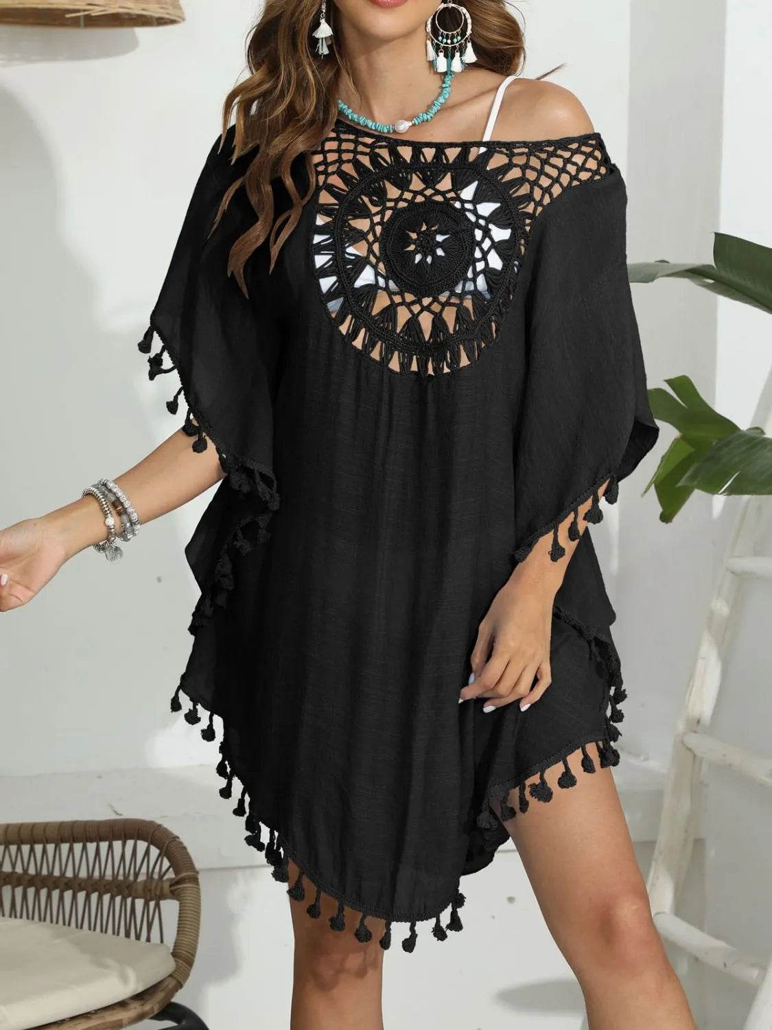Tassel Crochet Round Neck Cover - Up - StyleLure