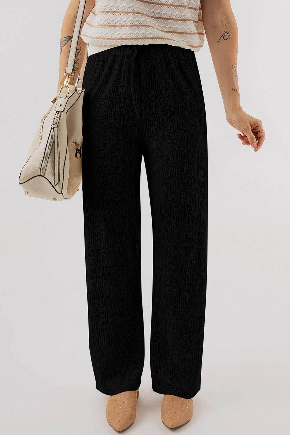 Textured Drawstring Straight Pants - StyleLure