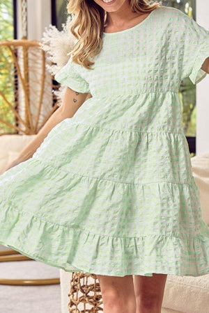 Textured Short Sleeve Tiered Mini Dress - StyleLure