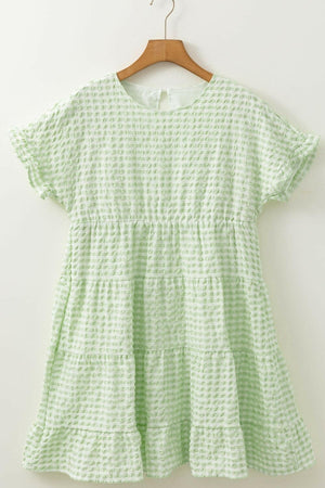 Textured Short Sleeve Tiered Mini Dress - StyleLure