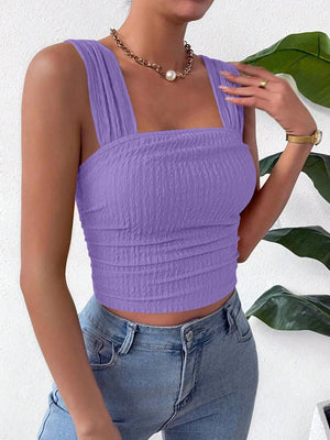 Textured Square Neck Wide Strap Tank - StyleLure