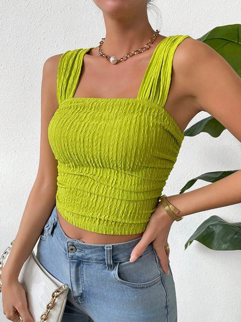 Textured Square Neck Wide Strap Tank - StyleLure