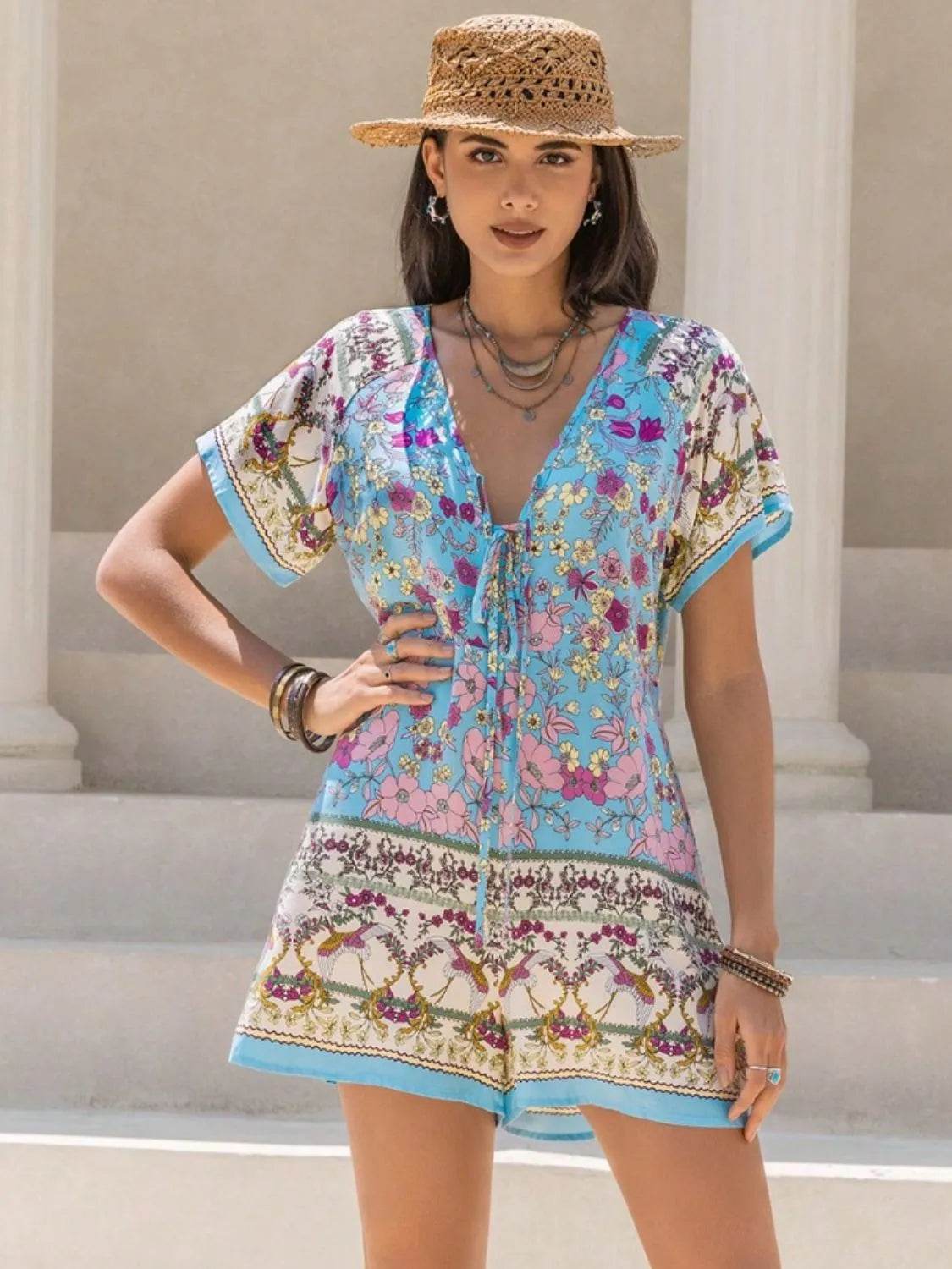 Tied Front Printed Short Sleeve Romper - StyleLure