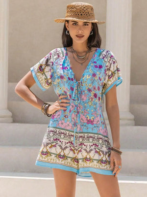 Tied Front Printed Short Sleeve Romper - StyleLure