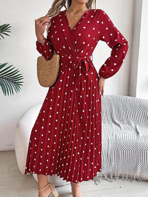Tied Polka Dot Long Sleeve Midi Dress - StyleLure