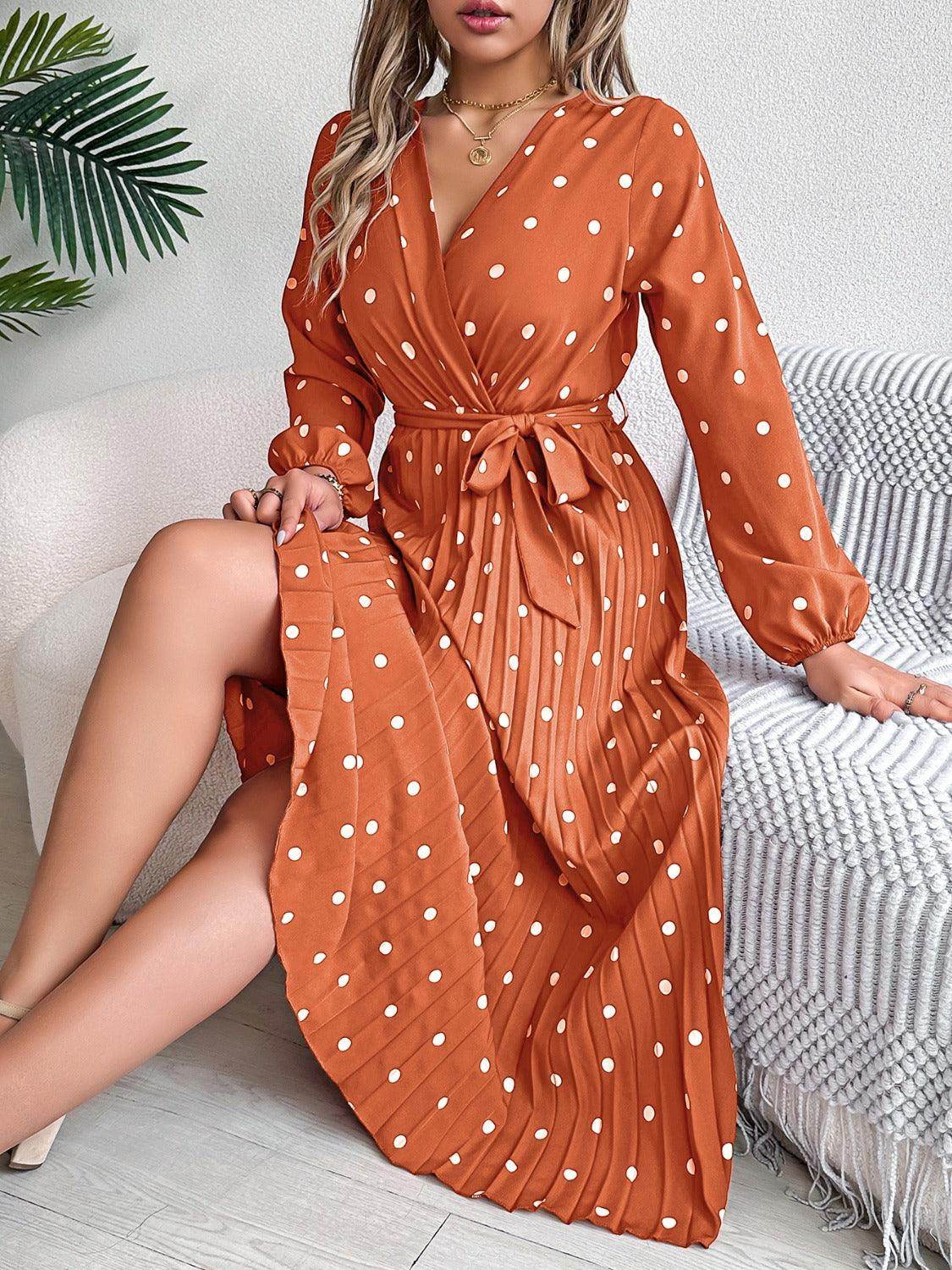 Tied Polka Dot Long Sleeve Midi Dress - StyleLure