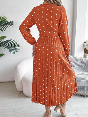 Tied Polka Dot Long Sleeve Midi Dress - StyleLure