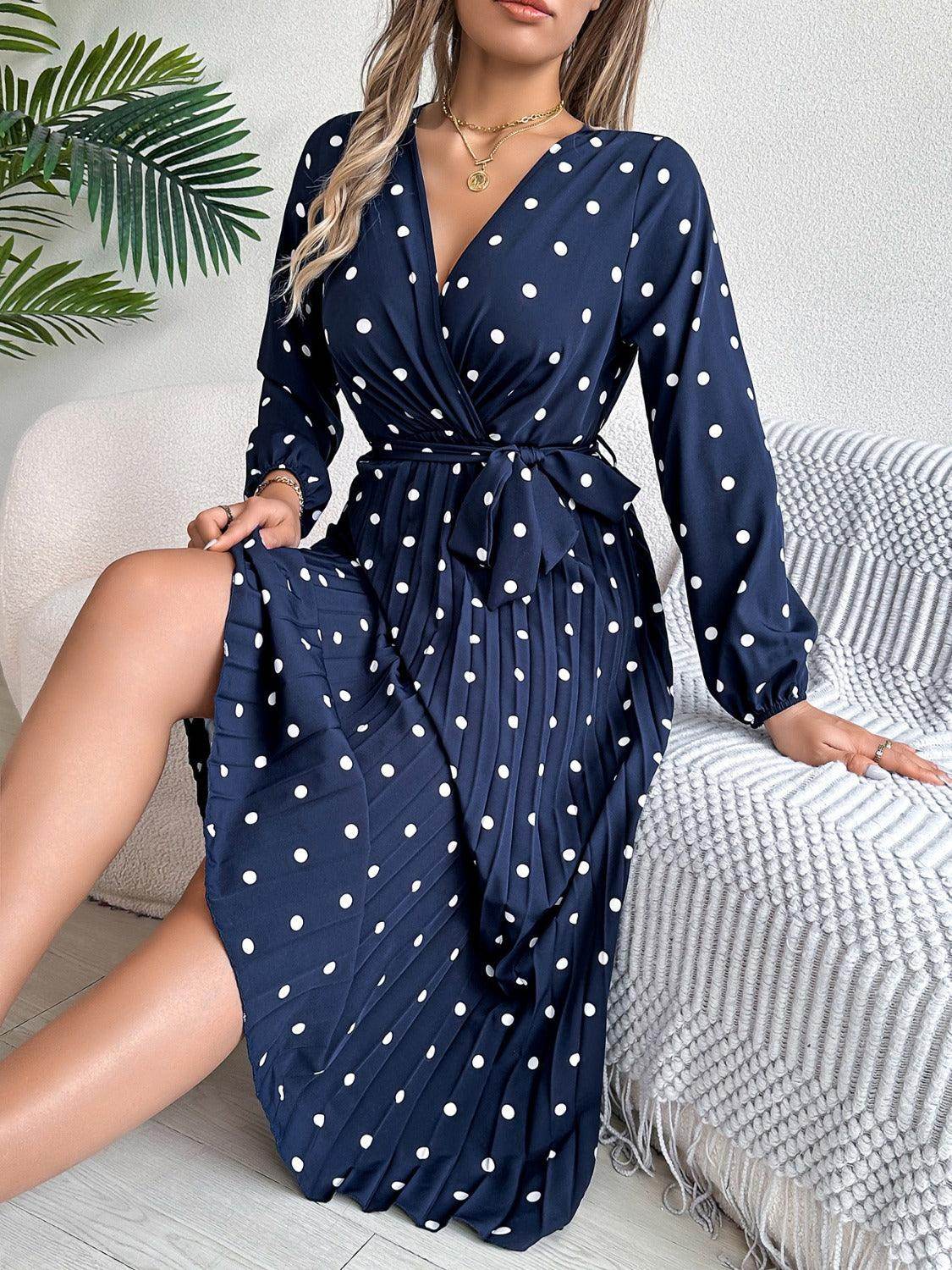 Tied Polka Dot Long Sleeve Midi Dress - StyleLure