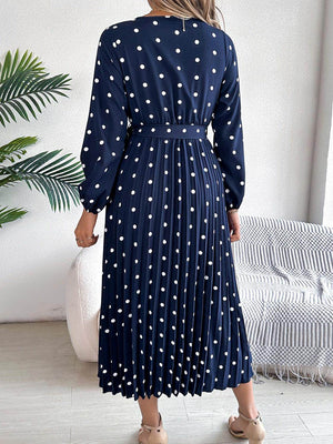 Tied Polka Dot Long Sleeve Midi Dress - StyleLure