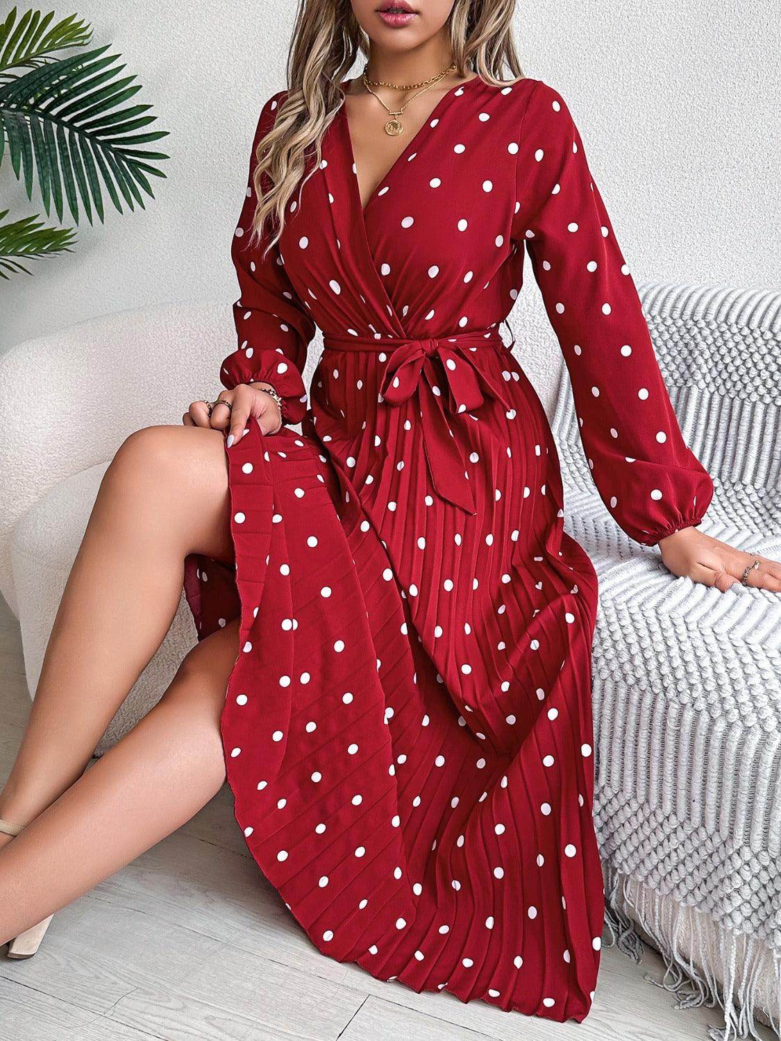 Tied Polka Dot Long Sleeve Midi Dress - StyleLure