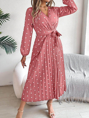 Tied Polka Dot Long Sleeve Midi Dress - StyleLure