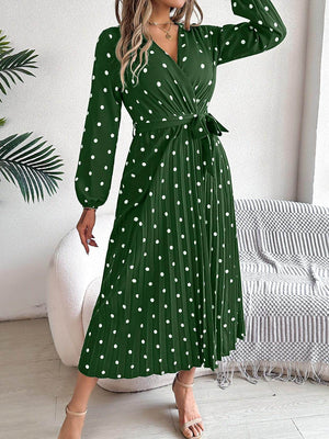 Tied Polka Dot Long Sleeve Midi Dress - StyleLure