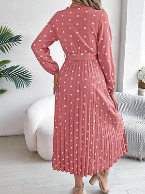 Tied Polka Dot Long Sleeve Midi Dress - StyleLure