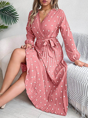 Tied Polka Dot Long Sleeve Midi Dress - StyleLure