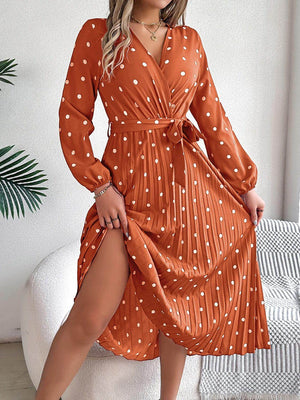 Tied Polka Dot Long Sleeve Midi Dress - StyleLure