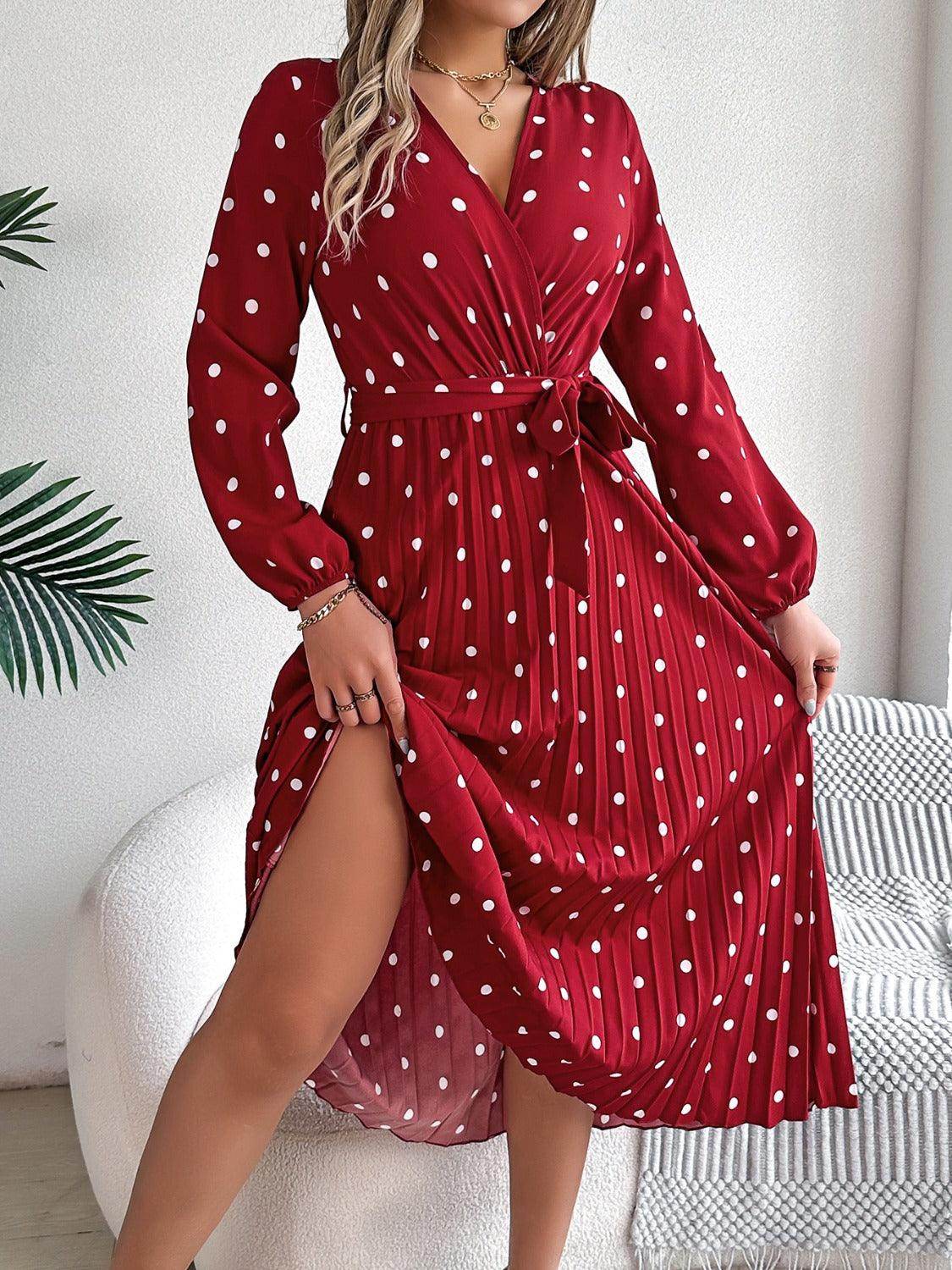 Tied Polka Dot Long Sleeve Midi Dress - StyleLure