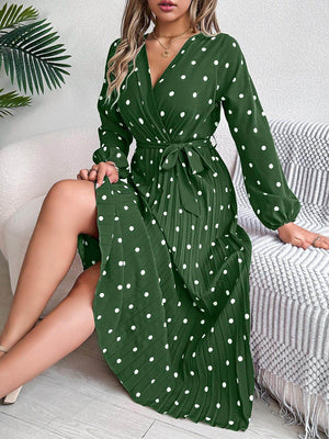 Tied Polka Dot Long Sleeve Midi Dress - StyleLure
