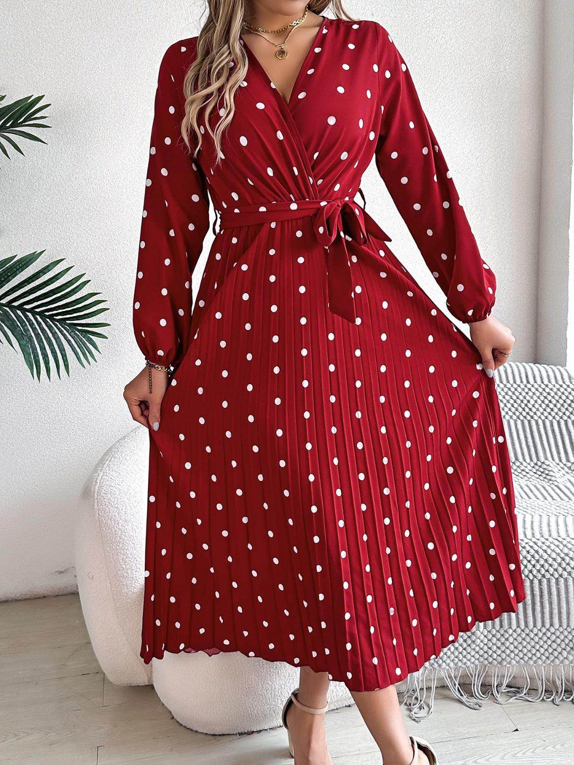 Tied Polka Dot Long Sleeve Midi Dress - StyleLure
