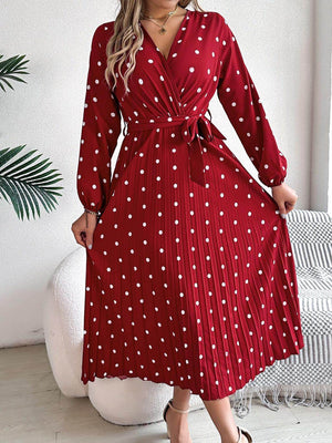 Tied Polka Dot Long Sleeve Midi Dress - StyleLure