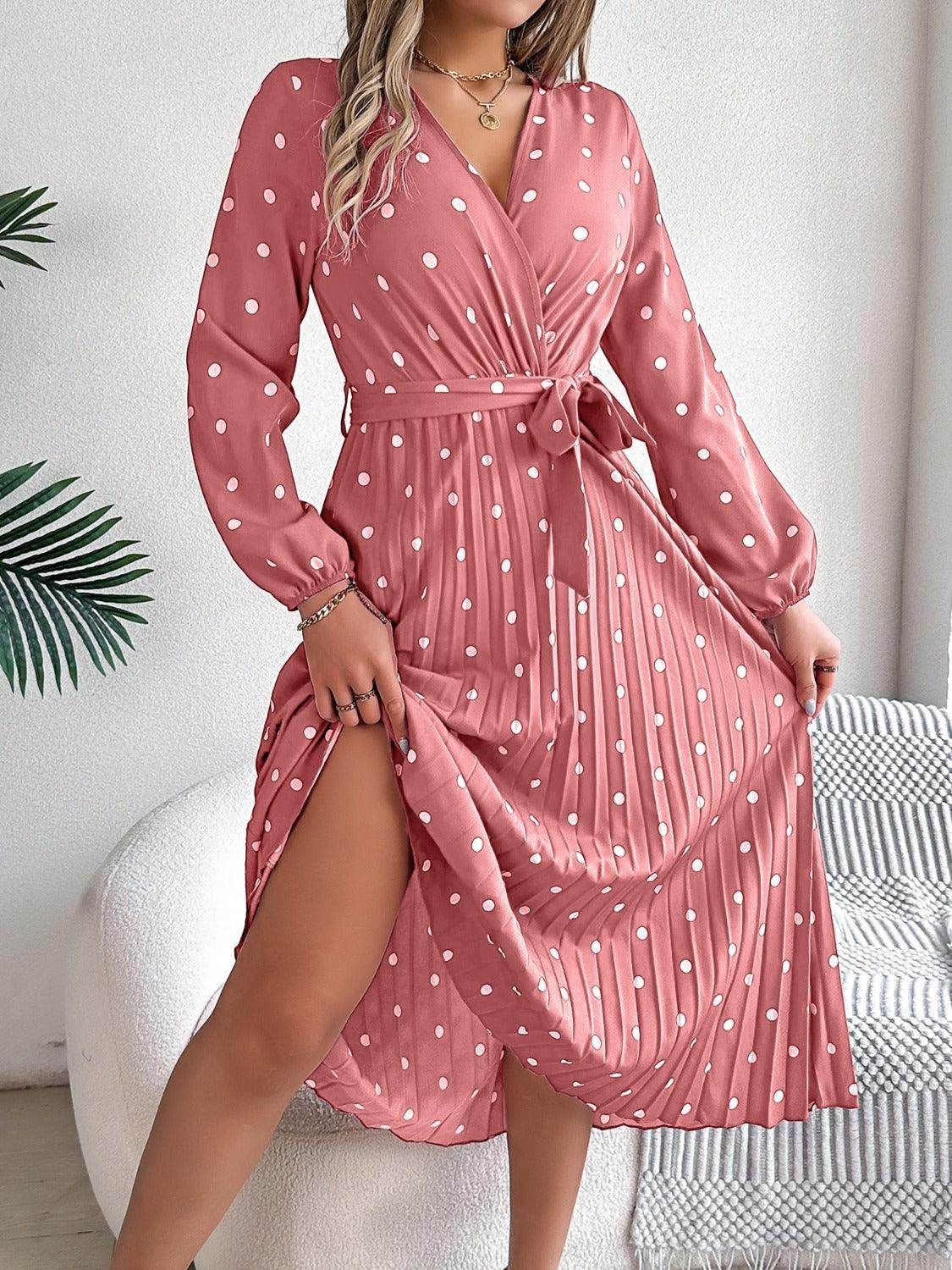 Tied Polka Dot Long Sleeve Midi Dress - StyleLure