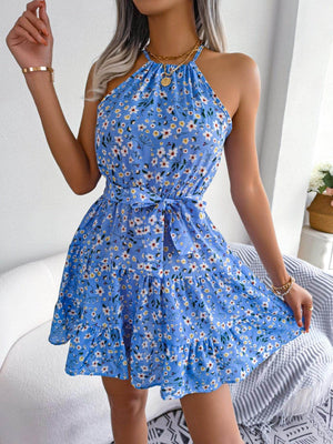 Tied Printed Grecian Neck Mini Dress - StyleLure