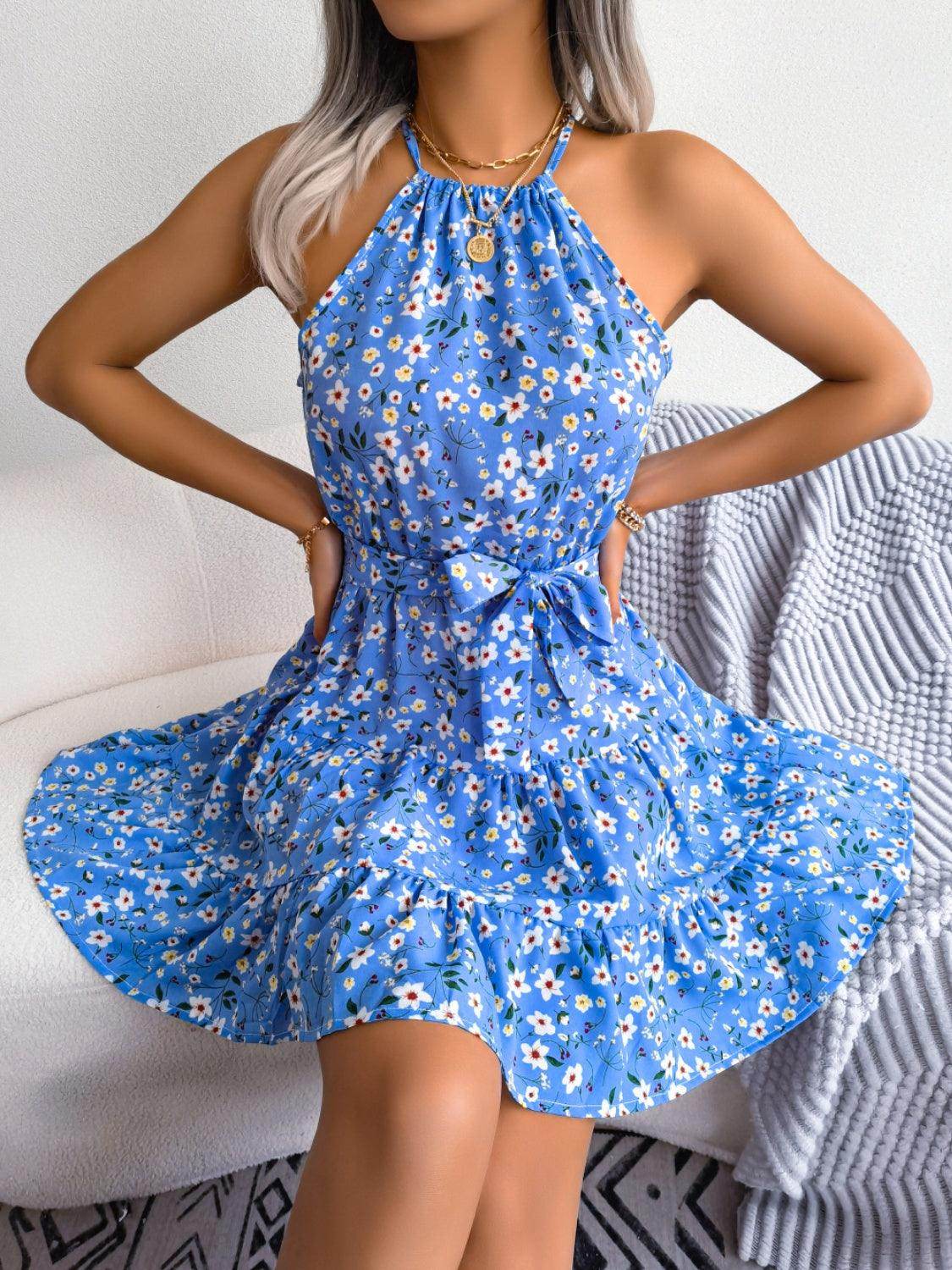 Tied Printed Grecian Neck Mini Dress - StyleLure