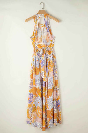 Tied Printed Grecian Sleeveless Maxi Dress - StyleLure