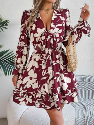Tied Ruffled Printed Long Sleeve Dress - StyleLure