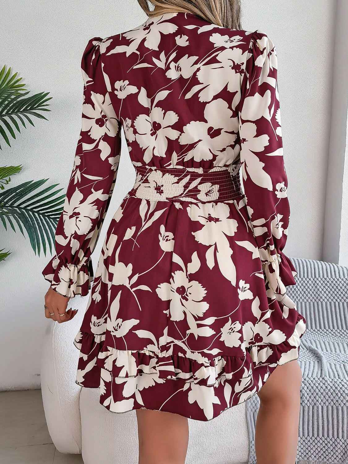 Tied Ruffled Printed Long Sleeve Dress - StyleLure