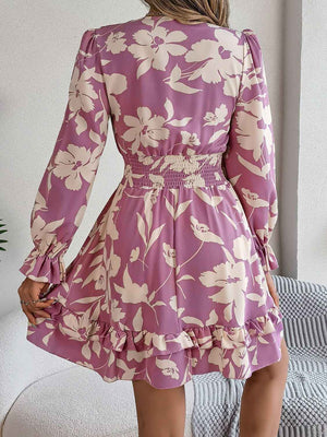 Tied Ruffled Printed Long Sleeve Dress - StyleLure