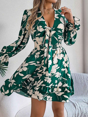 Tied Ruffled Printed Long Sleeve Dress - StyleLure