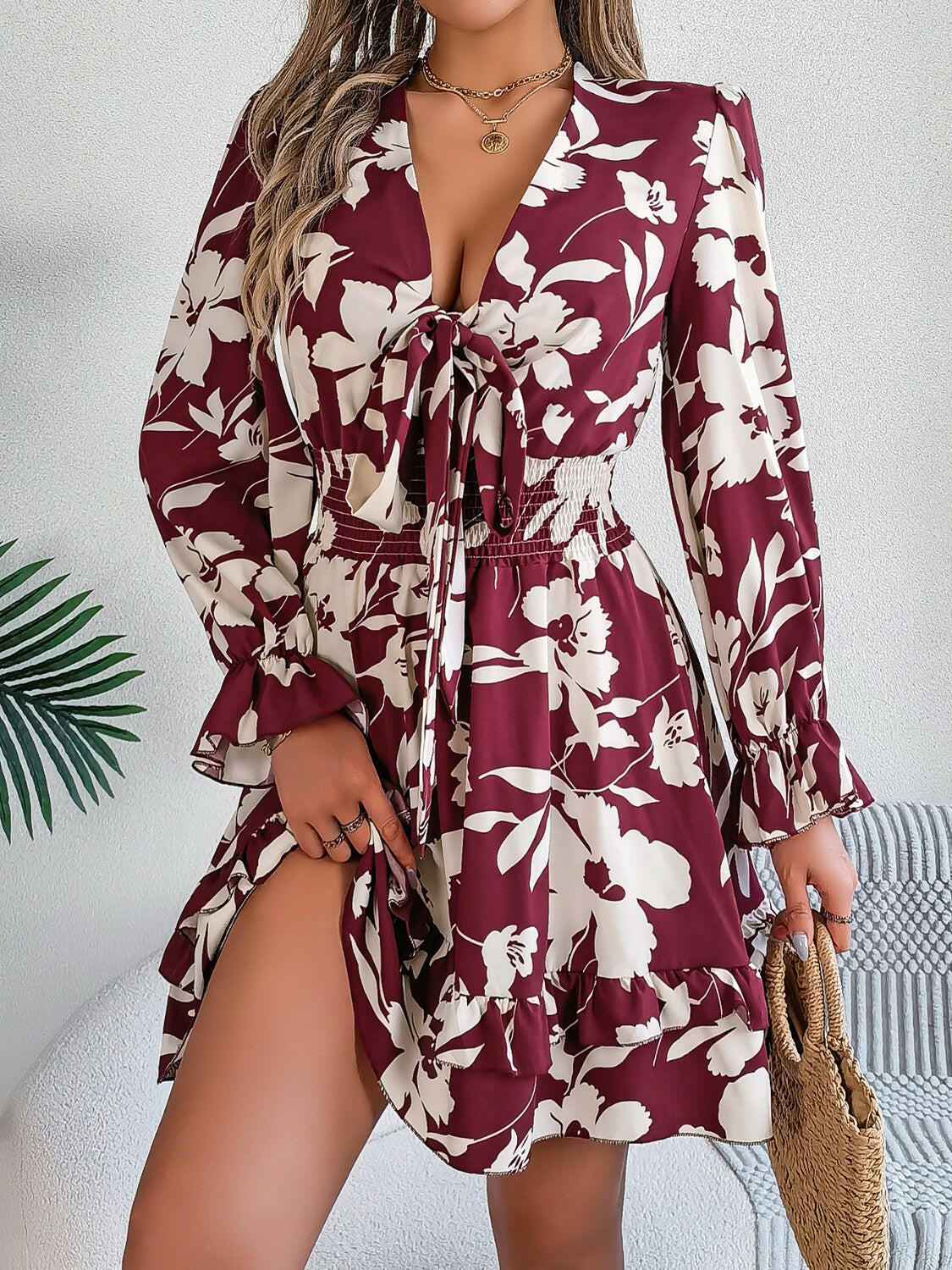 Tied Ruffled Printed Long Sleeve Dress - StyleLure