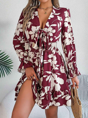 Tied Ruffled Printed Long Sleeve Dress - StyleLure