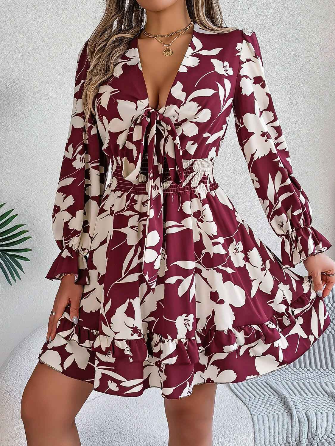 Tied Ruffled Printed Long Sleeve Dress - StyleLure