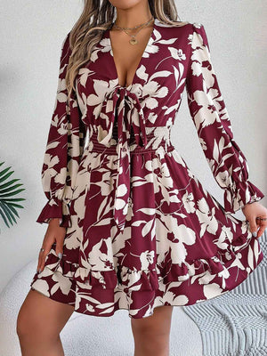 Tied Ruffled Printed Long Sleeve Dress - StyleLure