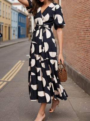Tied Slit Printed Half Sleeve Midi Dress - StyleLure