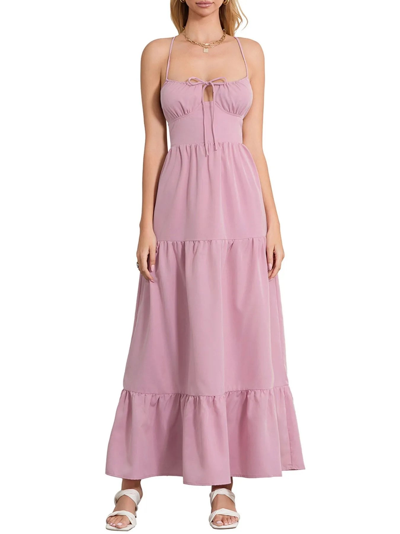 Tiered Lace Up Spaghetti Straps Maxi Dress - StyleLure