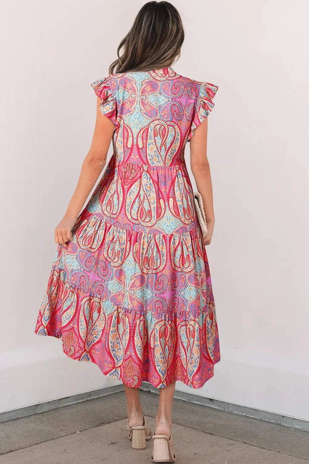 Tribal Paisley Print Ruffled Sleeve Notch Neck Midi Dress - StyleLure