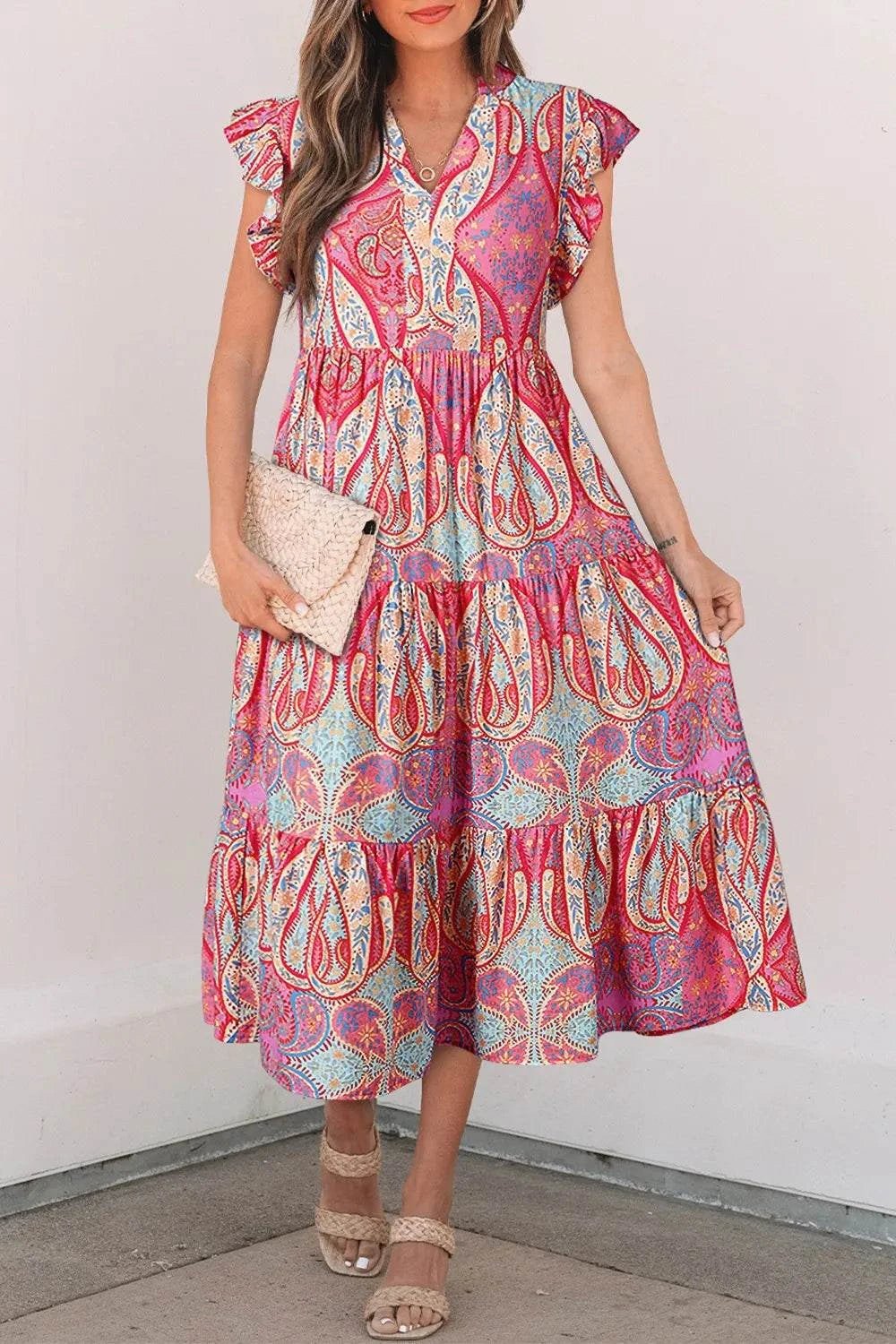 Tribal Paisley Print Ruffled Sleeve Notch Neck Midi Dress - StyleLure