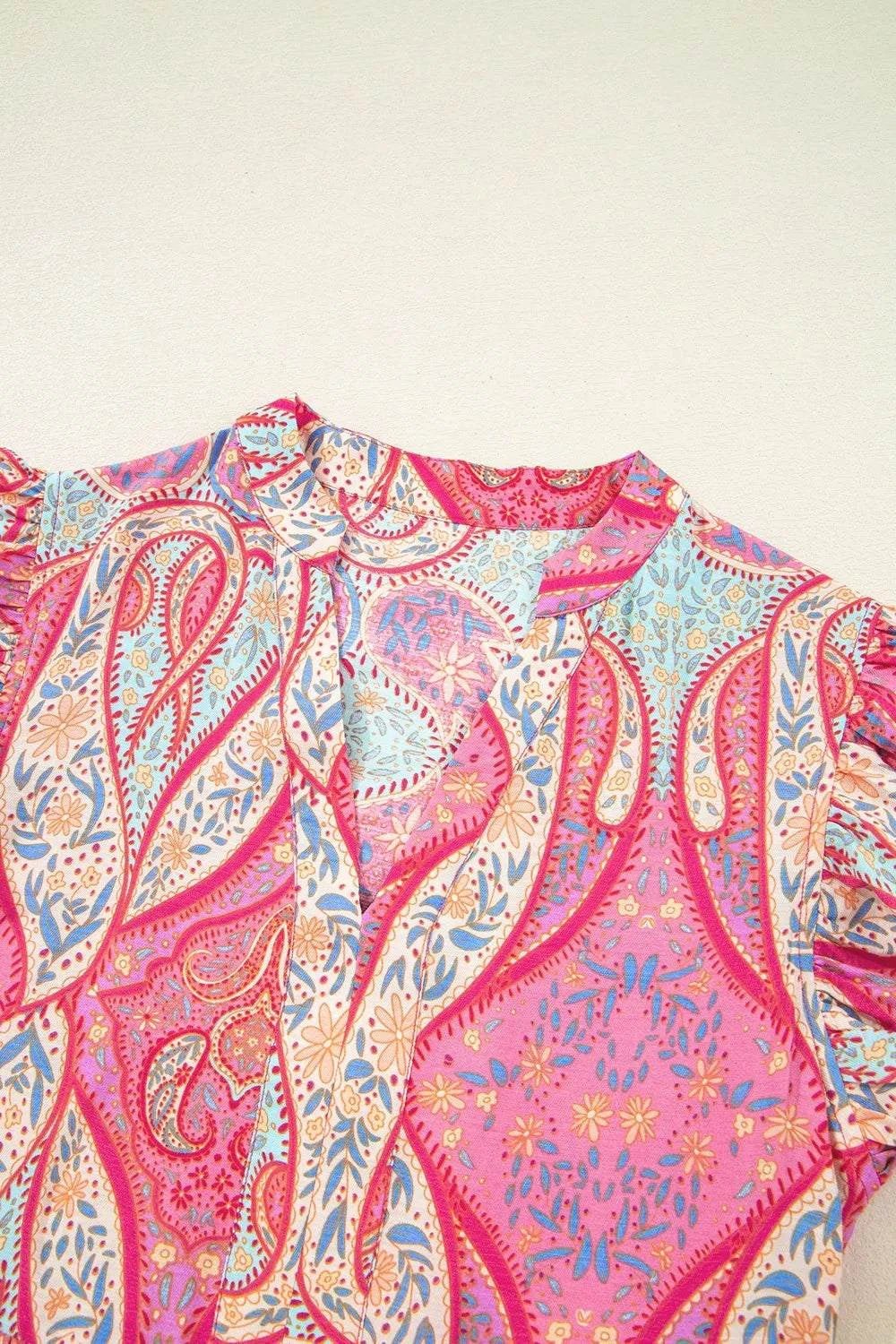 Tribal Paisley Print Ruffled Sleeve Notch Neck Midi Dress - StyleLure