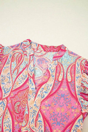 Tribal Paisley Print Ruffled Sleeve Notch Neck Midi Dress - StyleLure