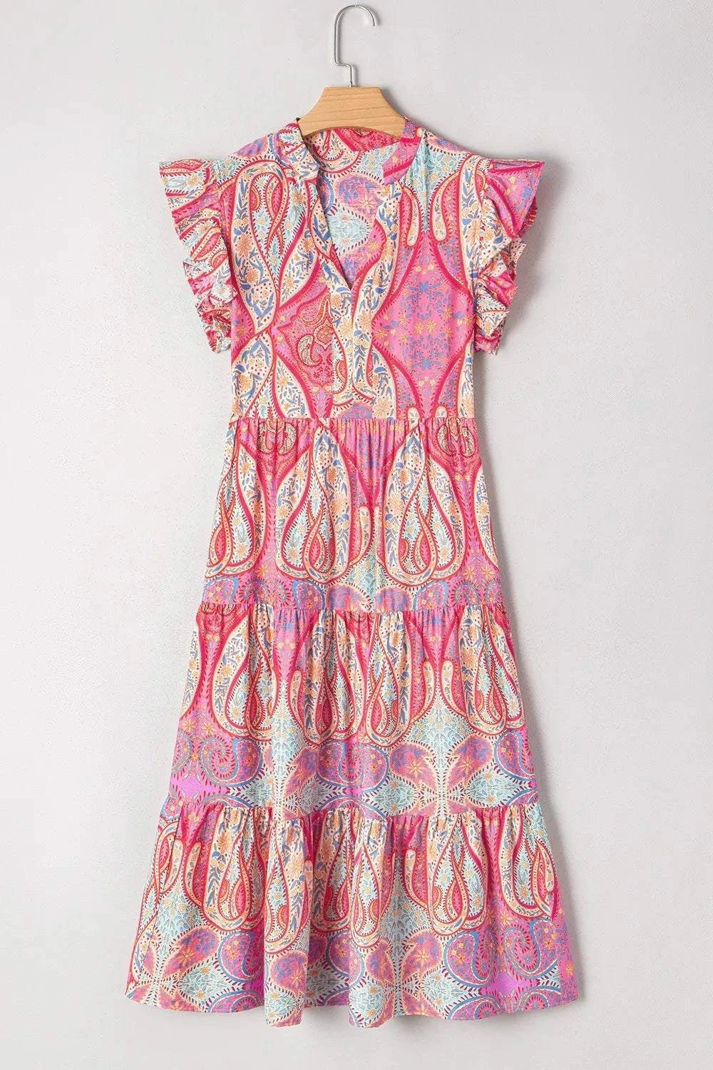Tribal Paisley Print Ruffled Sleeve Notch Neck Midi Dress - StyleLure