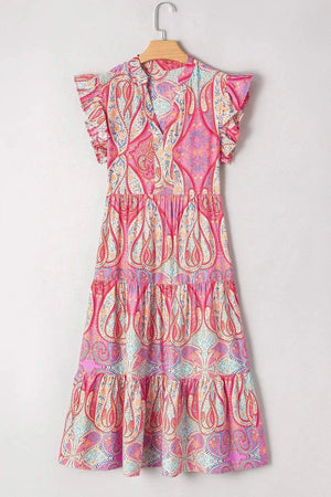 Tribal Paisley Print Ruffled Sleeve Notch Neck Midi Dress - StyleLure