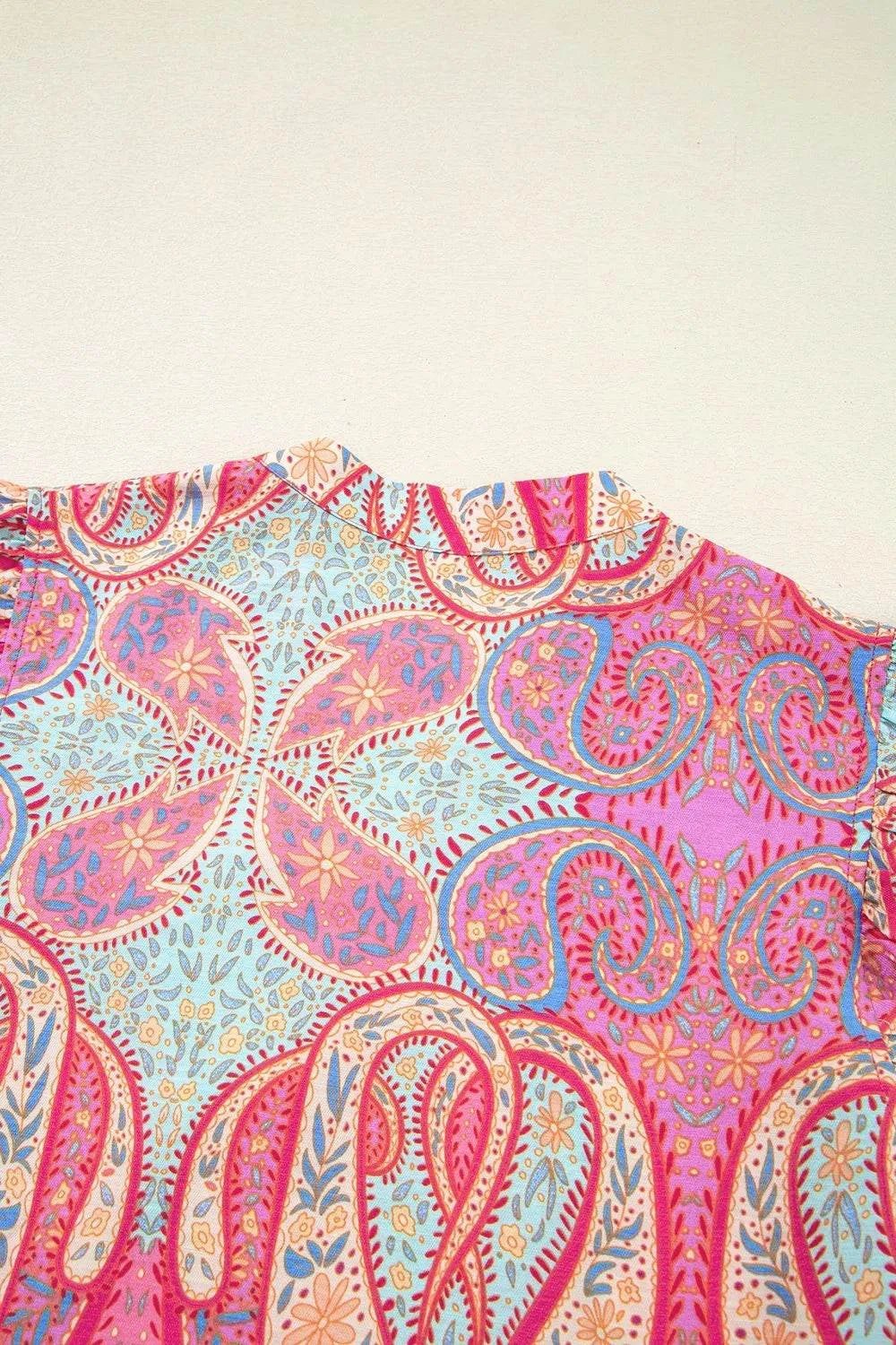 Tribal Paisley Print Ruffled Sleeve Notch Neck Midi Dress - StyleLure