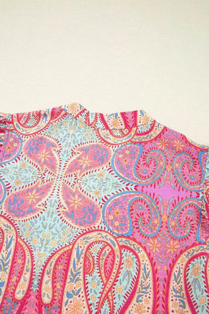 Tribal Paisley Print Ruffled Sleeve Notch Neck Midi Dress - StyleLure