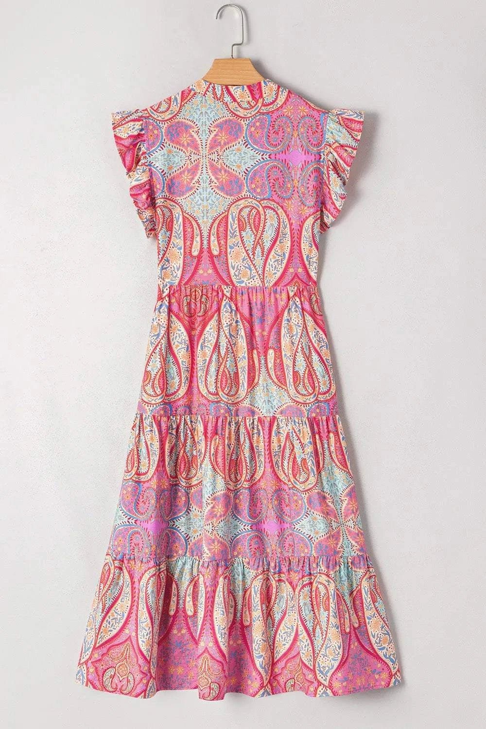Tribal Paisley Print Ruffled Sleeve Notch Neck Midi Dress - StyleLure