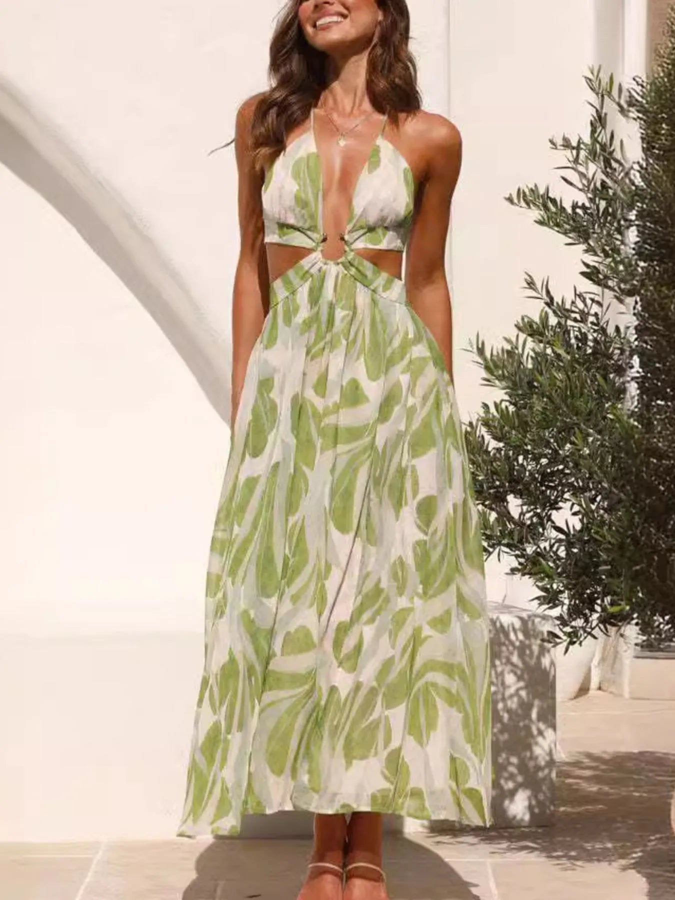 Tropical Print Backless Maxi Sleeveless Dress - StyleLure